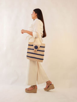 ITIHASIKALA - Women Striper Crochet Handbag - Off White