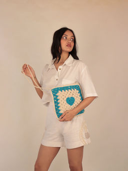 ITIHASIKALA - Women Crochet Heart On Off White & Blue Sling Bag