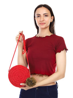 ITIHASIKALA - Women Miniature Round Crochet Sling Bag- Red