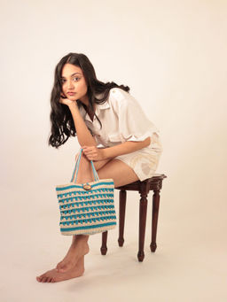 ITIHASIKALA - Women Crochet Striper Handbag - Blue