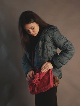 ITIHASIKALA - Women Crochet Red Tasselled sling bag - Red