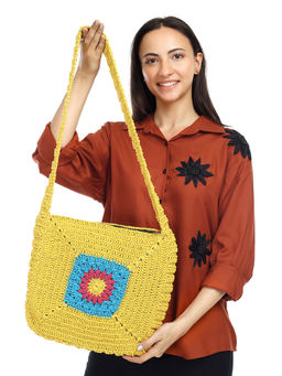 ITIHASIKALA - Women Crochet Chrysanthemum Crossbody Bag- Yellow