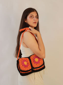 ITIHASIKALA - Women Floral crochet sling Bag - Orange