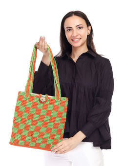 ITIHASIKALA - Women Crochet Checkered Tote bag - Orange