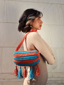 ITIHASIKALA - Women Crochet Duffel Orange & Blue Sling Bag