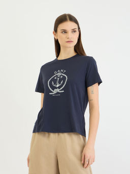 GANT - Women Navy Blue Brand Logo Crew Neck Short Sleeves T-Shirt