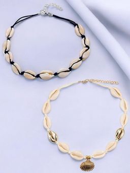 OOMPH - White Black and Gold Sea Shell Bohemian Beachwear Choker Necklace (Set of 2)
