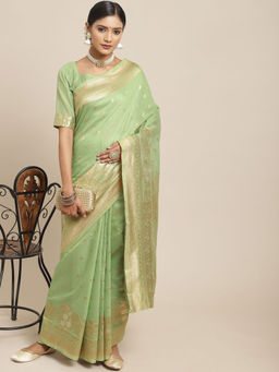 Sareemall - Women's Silk Cotton Green Woven Design Woven Saree with Unstitched Blouse