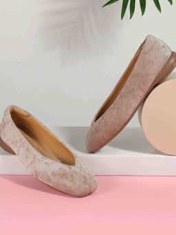 Mochi - Beige Fabric Round Toe Ballerinas