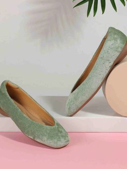 Mochi - Green Fabric Round Toe Ballerinas