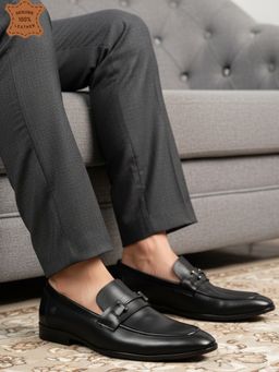 Carlton London - Black Leather Round Toe Loafers