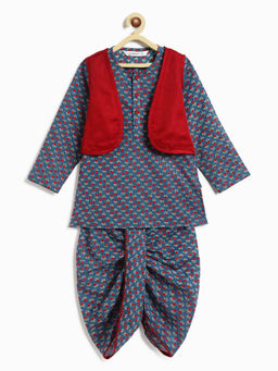 Campana - Mahiya Dhoti Kurta with Jacket Floral Print - Blue & Red (Set of 3)