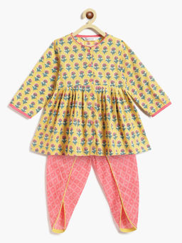 Campana - Asmi Dhoti Kurti Marigold Bandhej Print - Yellow & Pink (Set of 3)