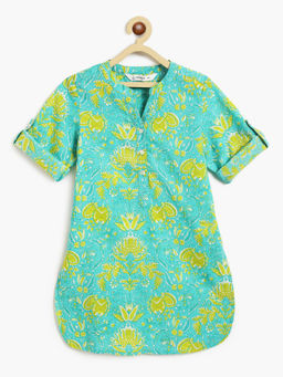 Campana - Urvashi Kurta - Seamless Floral Print - Turquoise & Lime Green