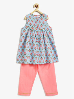 Campana - Revathi Kurta Pants Floral Print - Blue & Peach (Set of 2)