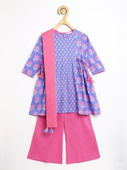 Campana - Kurta with Flared Pants & Dupatta Floral Print - Purple & Pink (Set of 3)
