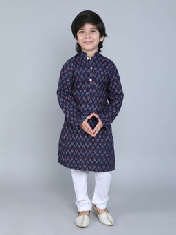 Little Clothings - Cotton Handmade Paired with A White Churidar-Navy Blue (Set of 2)