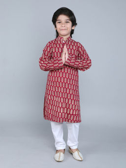 Little Clothings - Cotton Handmade Paired with A White Churidar-Red (Set of 2)