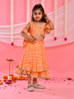 Little Panda - Girl'S Peach Bandhani Lehenga and Top with Dupatta (Set of 3)