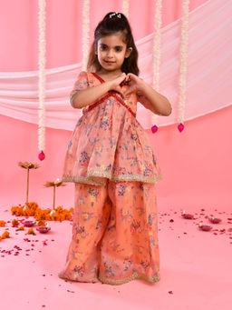 Little Panda - Girl'S Peach Floral Kurta with Flared Palazzo (Set of 2)