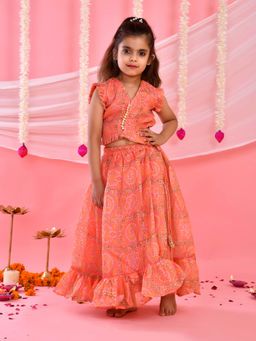 Little Panda - Girl'S Peach Bandhani Checks Lehenga and Top (Set of 2)
