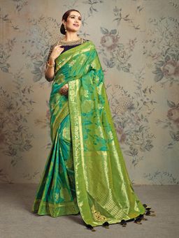 Odette - Green Weaved Jacquard Silk Designer Saree with Unstitched Blouse