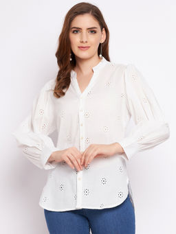 Styli - Womens Rayon Schiffli White Shirt