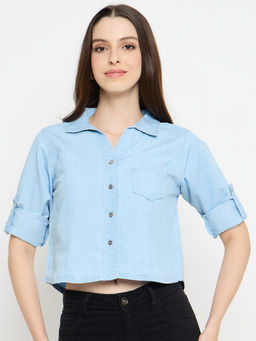 Styli - Womens Denim Blue Crop Shirt