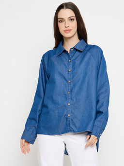 Styli - Womens Denim High Low Dark Blue Shirt
