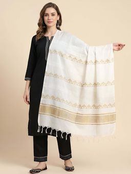 MUFFLY - Women Cotton White Zig-Zag Woven Dupatta