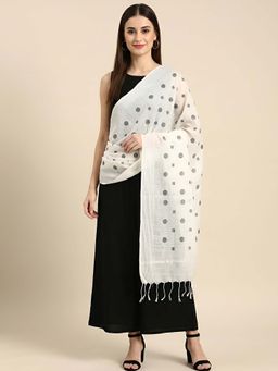 MUFFLY - Women White Cotton Geometric Buta Dupatta