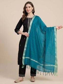 MUFFLY - Women Blue Solid Cotton Tassel Dupatta
