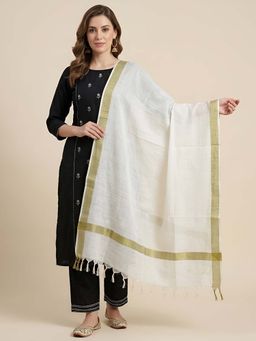 MUFFLY - Women White Solid Cotton Tassel Dupatta