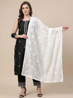 MUFFLY - Women White Cotton Floral Embroidered Dupatta