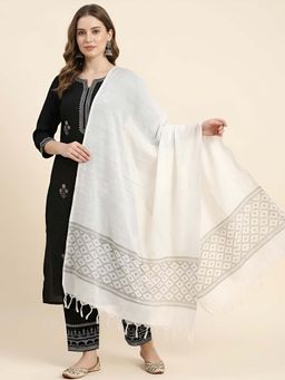 MUFFLY - Women White Cotton Woven Tassel Detailing Dupatta