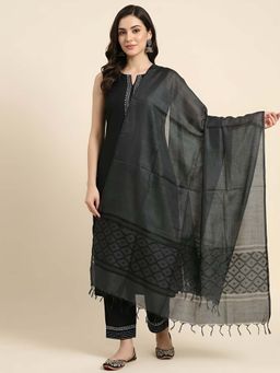 MUFFLY - Women Black Cotton Woven Tassel Detailing Dupatta