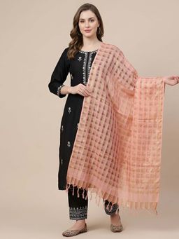 MUFFLY - Women Peach Organza Checks Tassel Detailing Dupatta