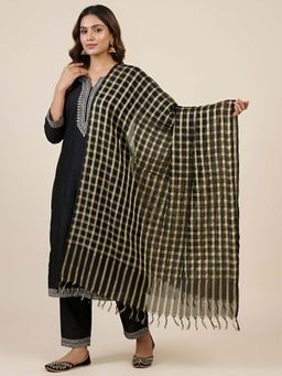 MUFFLY - Women Black Organza Checks Tassel Detailing Dupatta