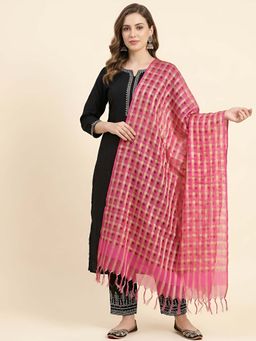 MUFFLY - Women Pink Organza Checks Tassel Detailing Dupatta