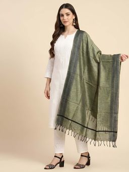 MUFFLY - Women Olive Solid Handcrafted Khadi Tassel Dupatta