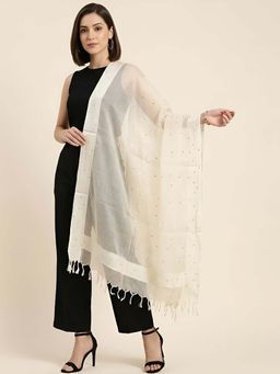 MUFFLY - Women White Sequined Organza Dupatta