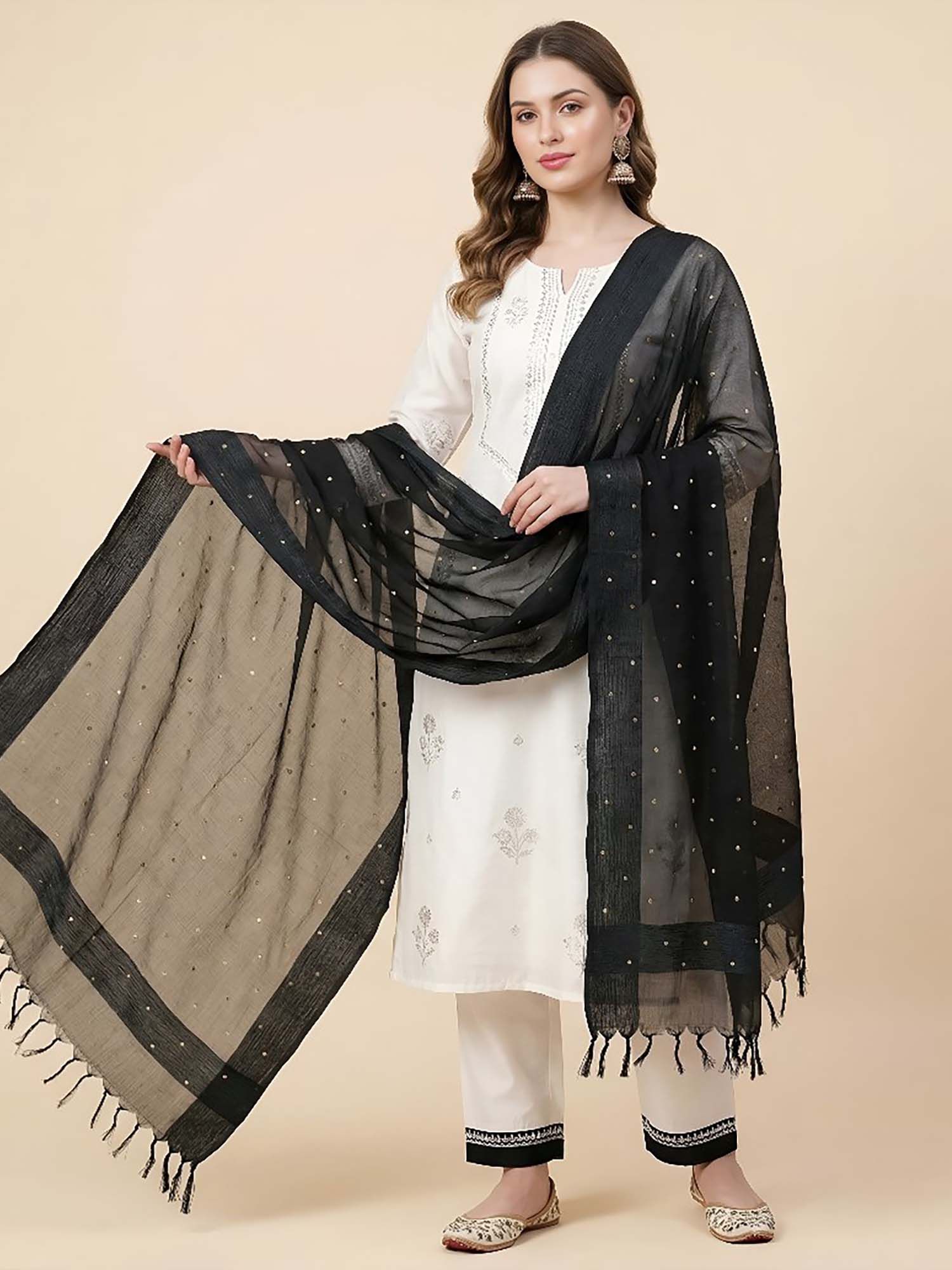 Women Black Sequined Organza Dupatta-image-12