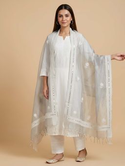 MUFFLY - Women White Organza Embroidered Mirror Work Dupatta