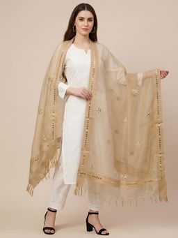 MUFFLY - Women Gold Organza Embroidered Mirror Work Dupatta