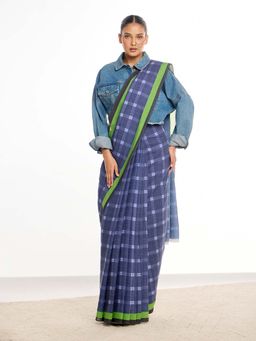 KAMLIE - Women Navy Blue Checks Mul Cotton Saree with Unstitched Blouse