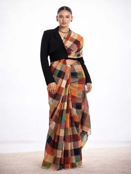 KAMLIE - Female Multi-Color Checks Cotton Blend Saree with Unstitched Blouse