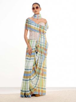 KAMLIE - Women Multi-Color Checks Mul Cotton Saree with Unstitched Blouse