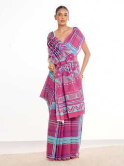 KAMLIE - Women Pink Checks Mul Cotton Saree with Unstitched Blouse