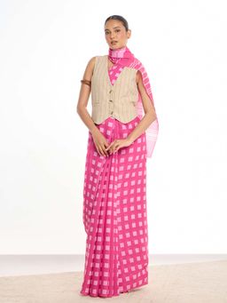 KAMLIE - Women Pink Gingham Checks Mul Cotton Saree with Unstitched Blouse
