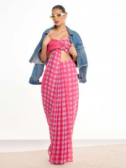 KAMLIE - Women Pink Gingham Checks Mul Cotton Saree with Unstitched Blouse